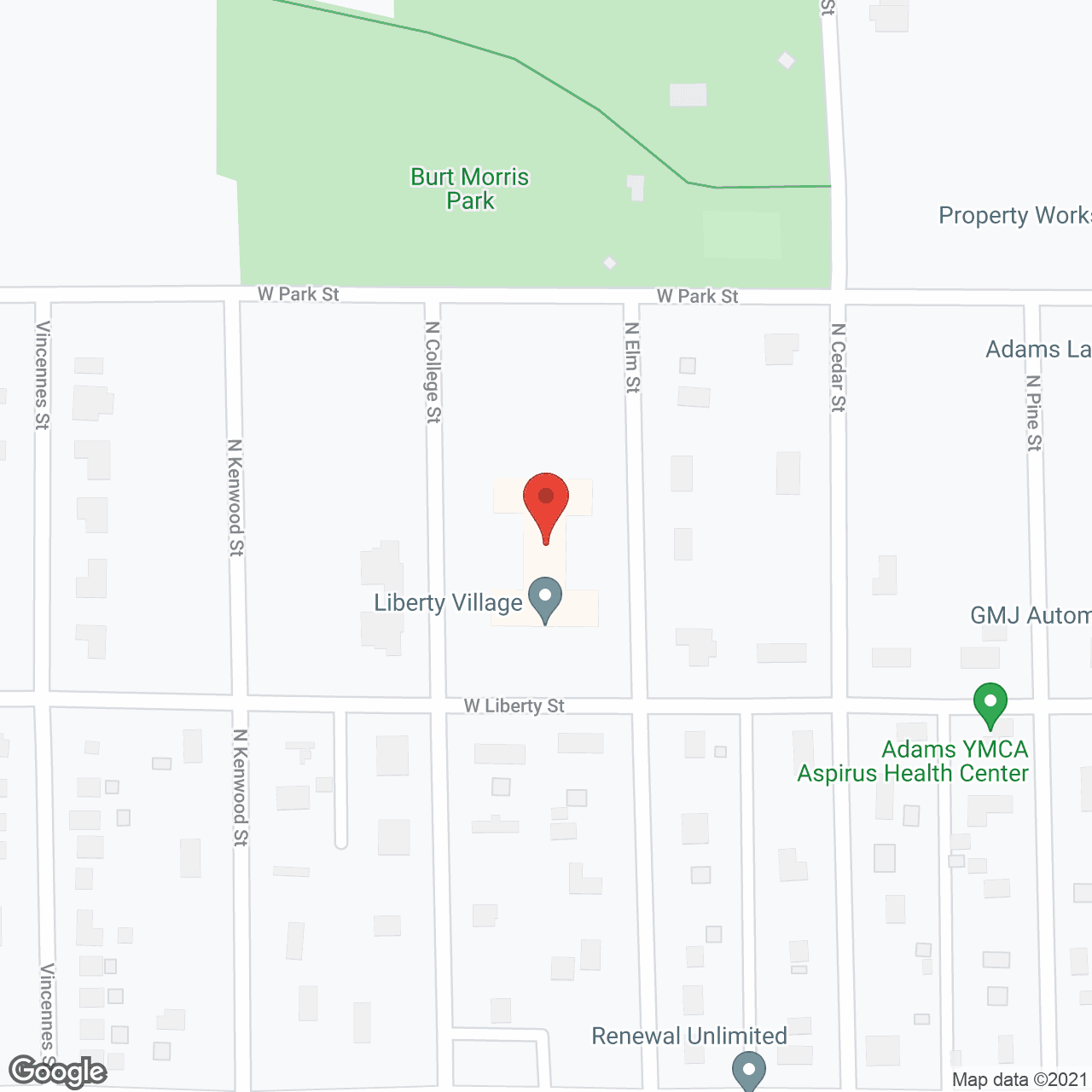 Map of the neighborhood around Liberty Village of Adams