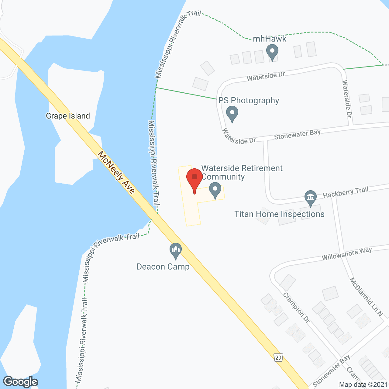 Map of the neighborhood around Waterside Retirement Community