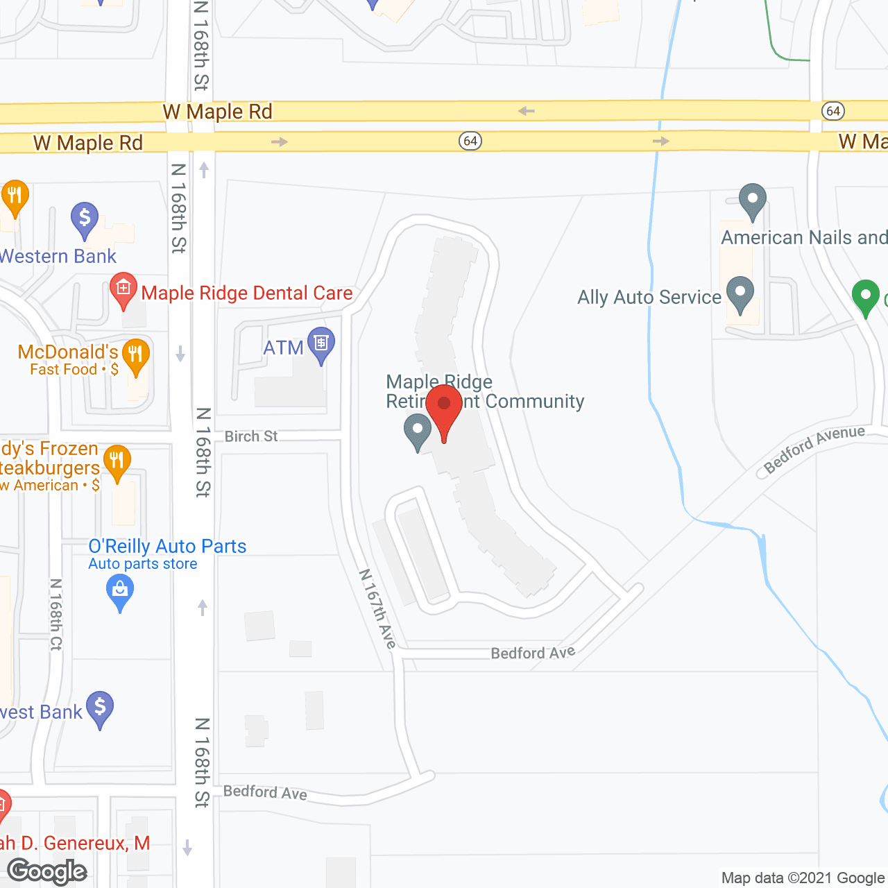 Map of the neighborhood around Maple Ridge Retirement Community
