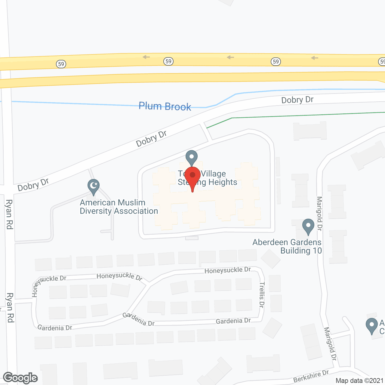 Map of the neighborhood around Town Village Sterling Heights and The Gem Memory Care