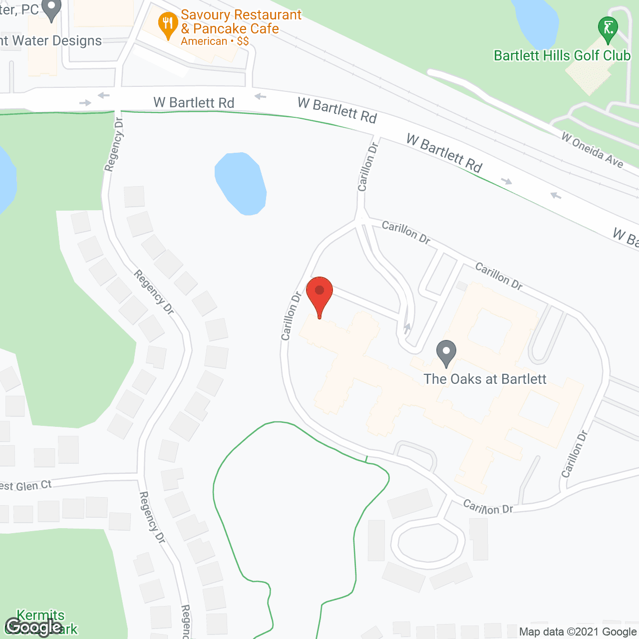 Map of the neighborhood around The Oaks at Bartlett, a CCRC