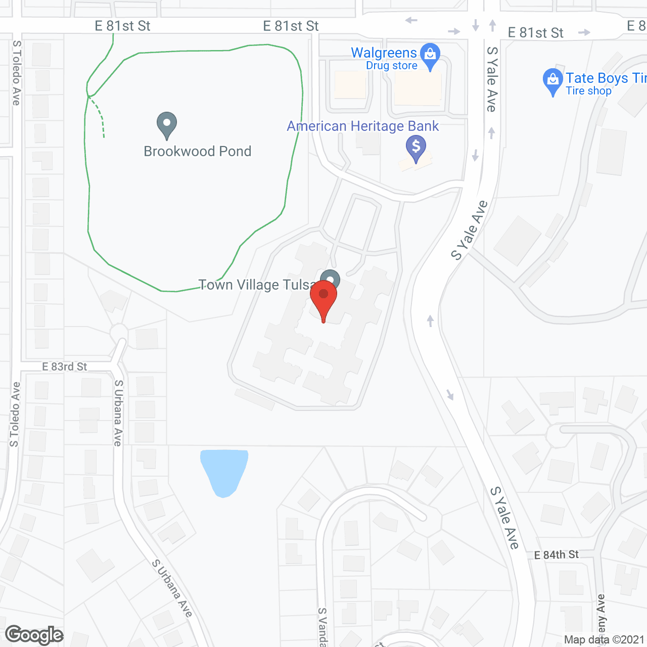 Map of the neighborhood around Town Village Tulsa