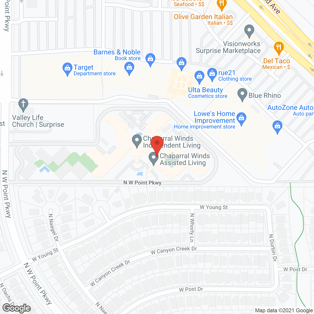 Map of the neighborhood around Chaparral Winds Retirement Community