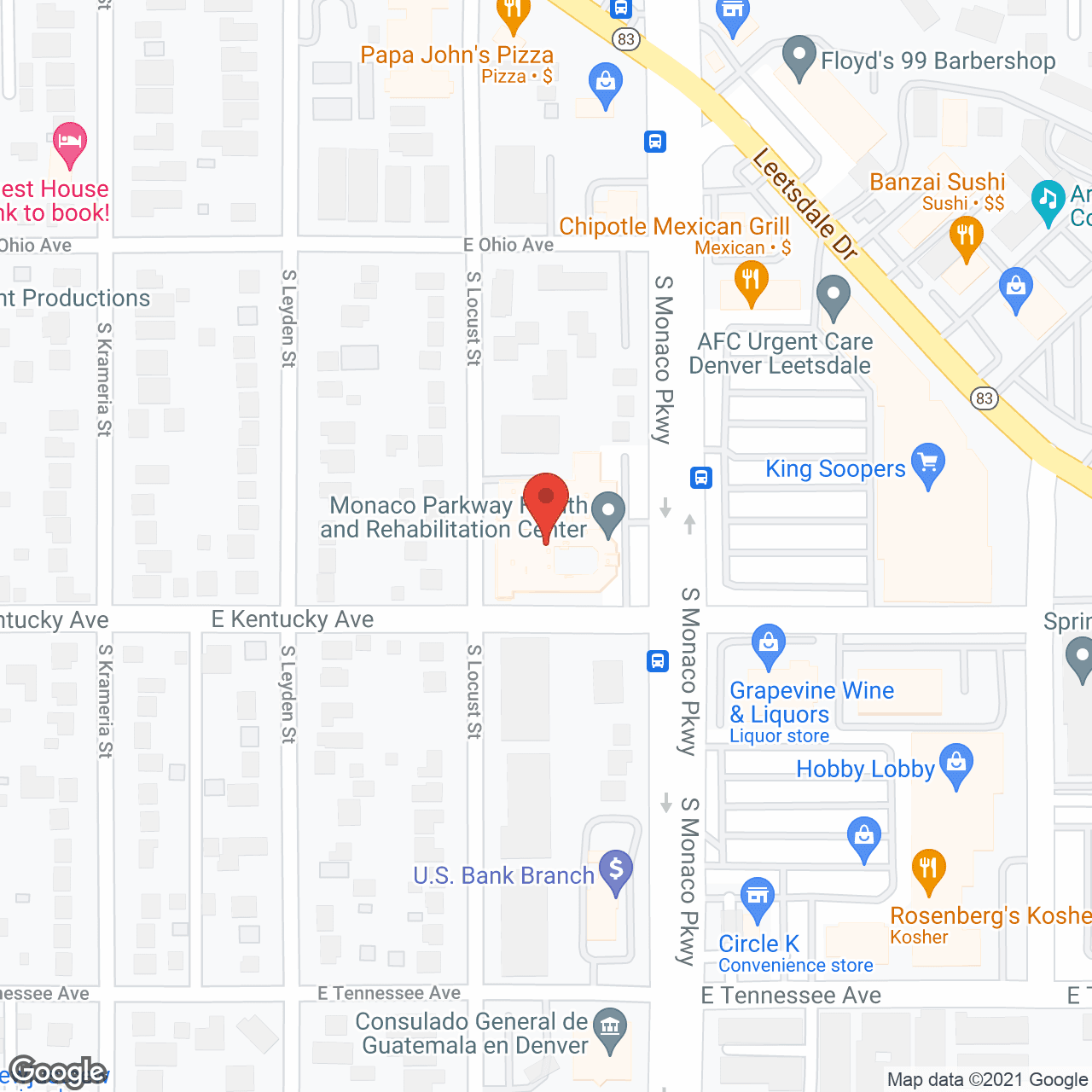 Map of the neighborhood around Monaco Parkway Health & Rehab Center
