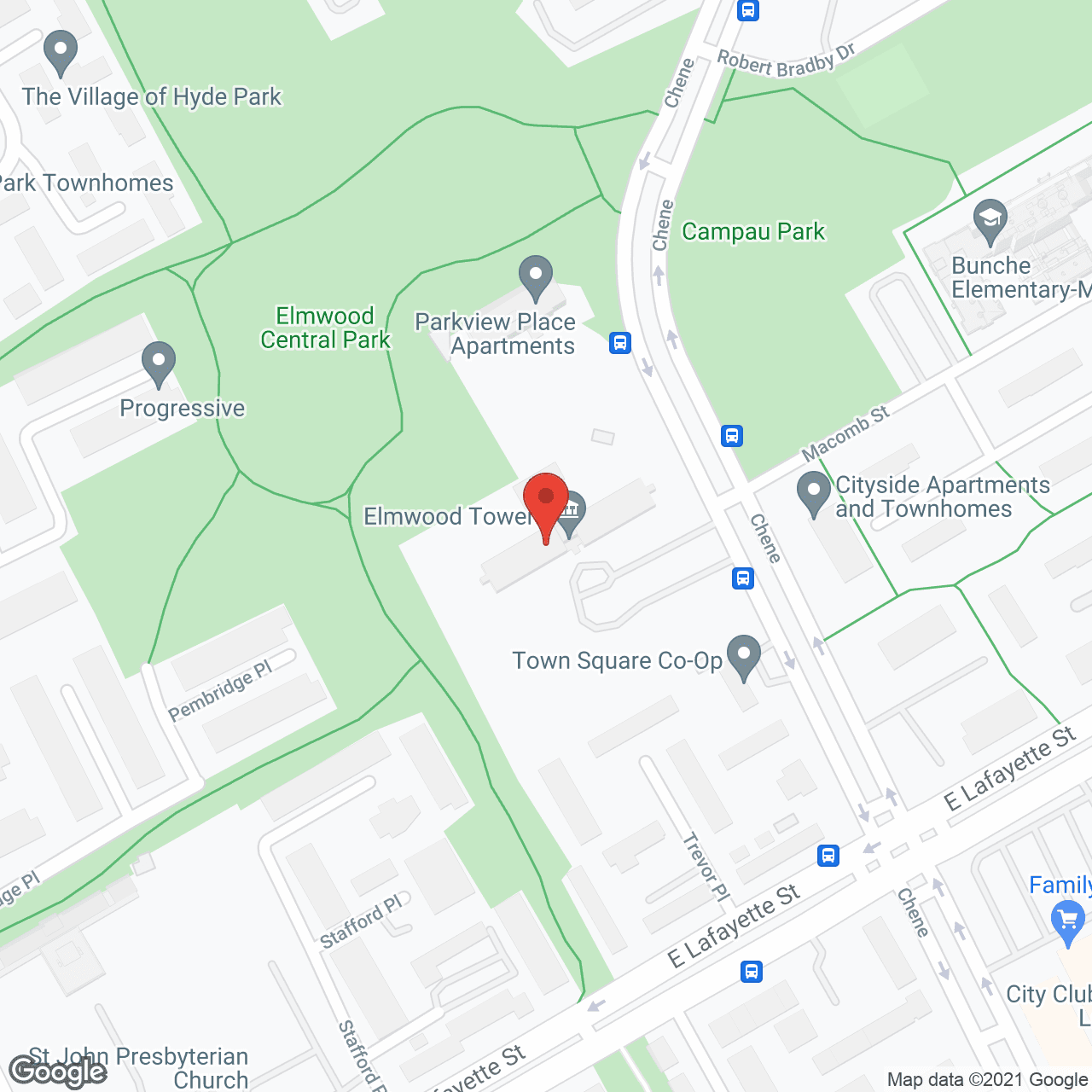 Map of the neighborhood around Elmwood Towers