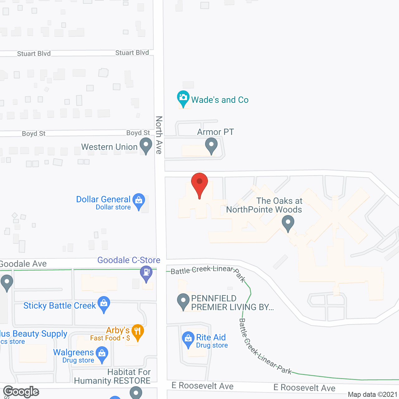 Map of the neighborhood around NorthPointe Woods, a CCRC