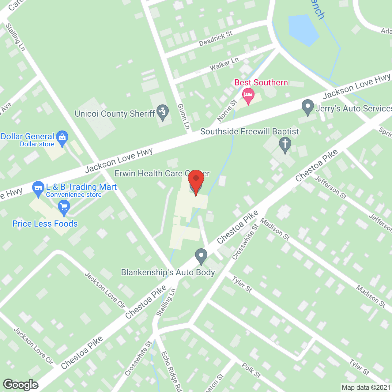 Map of the neighborhood around Erwin Health Care Ctr