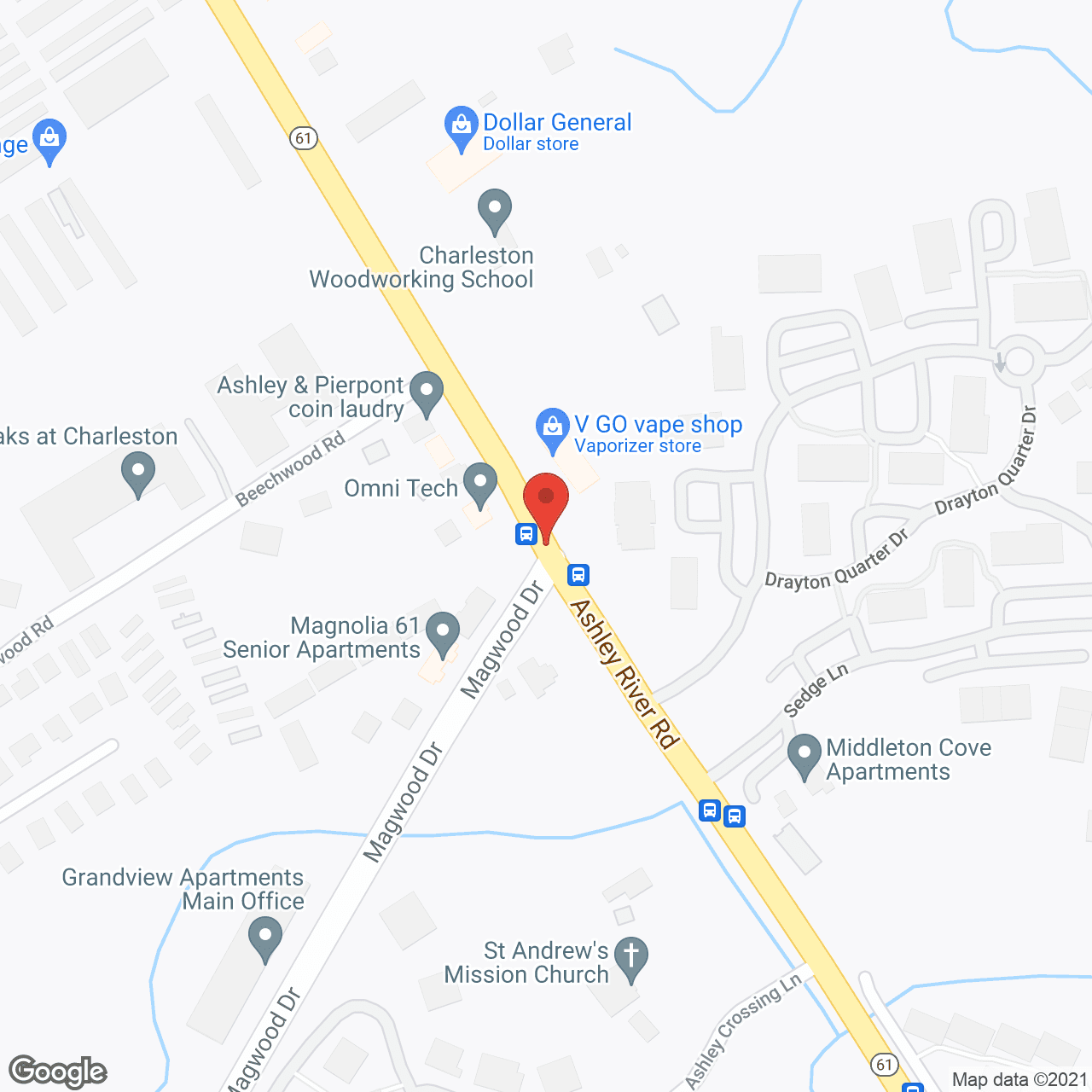 Map of the neighborhood around Oaks at Charleston