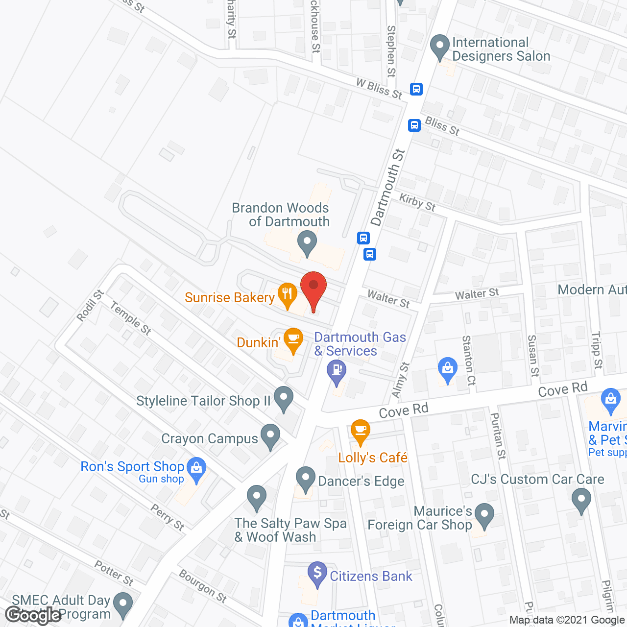 Map of the neighborhood around Brandon Woods of Dartmouth