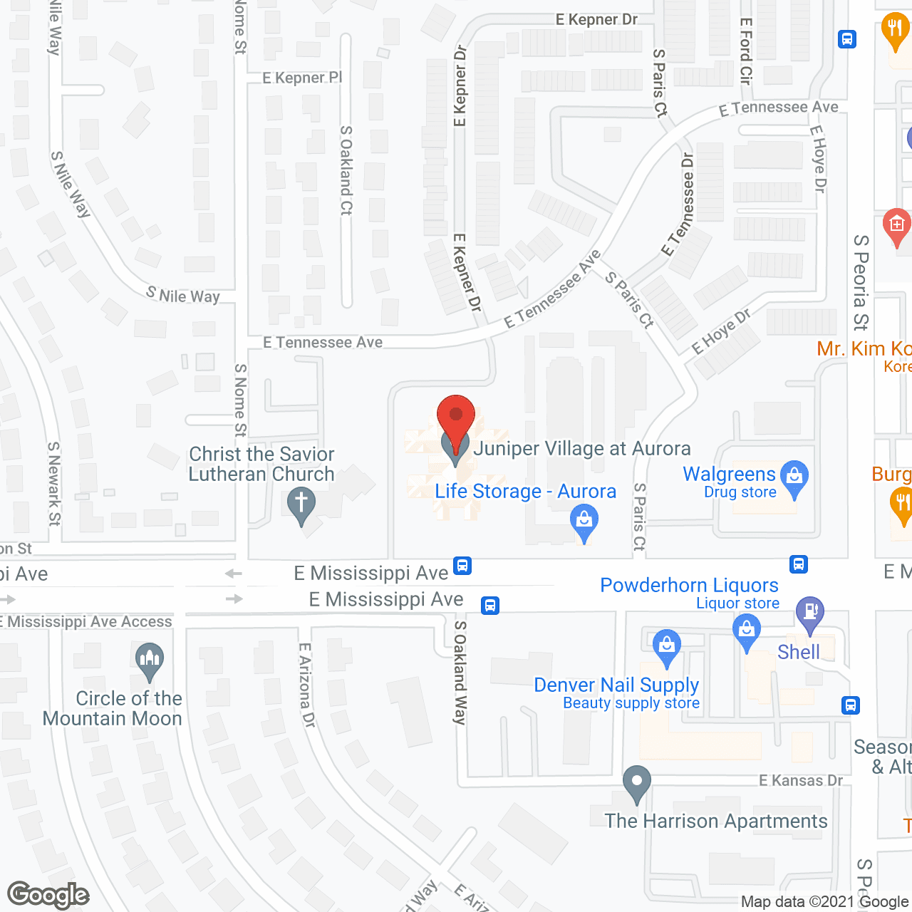 Map of the neighborhood around Juniper Village at Aurora