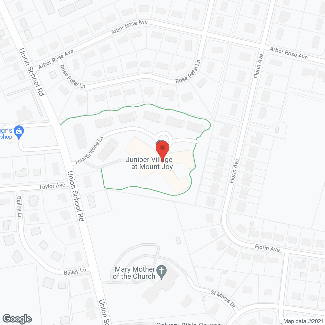 Map of the neighborhood around Juniper Village at Mount Joy