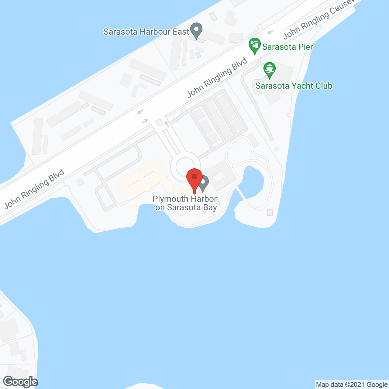 Map of the neighborhood around Plymouth Harbor on Sarasota Bay
