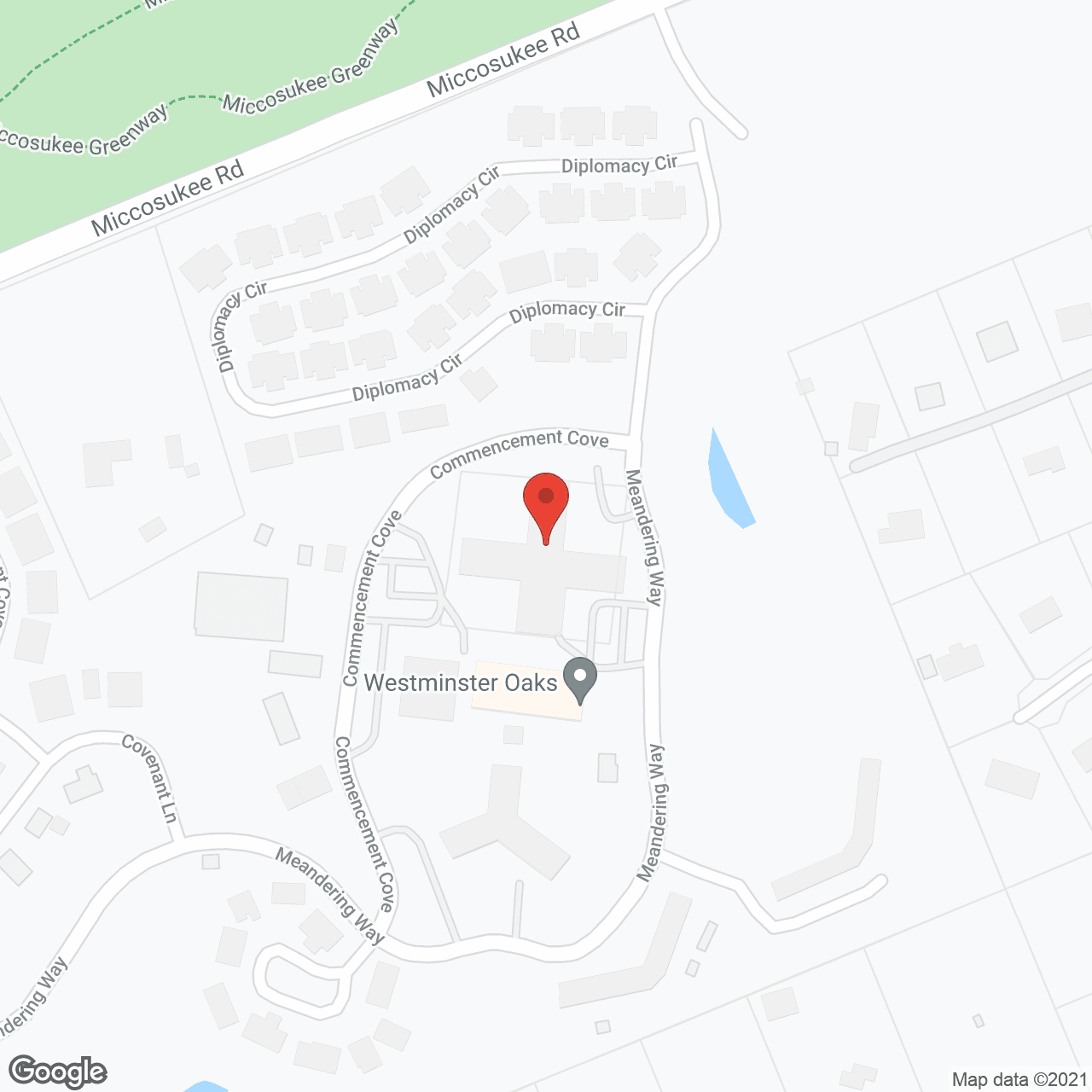 Map of the neighborhood around Westminster Oaks, a CCRC