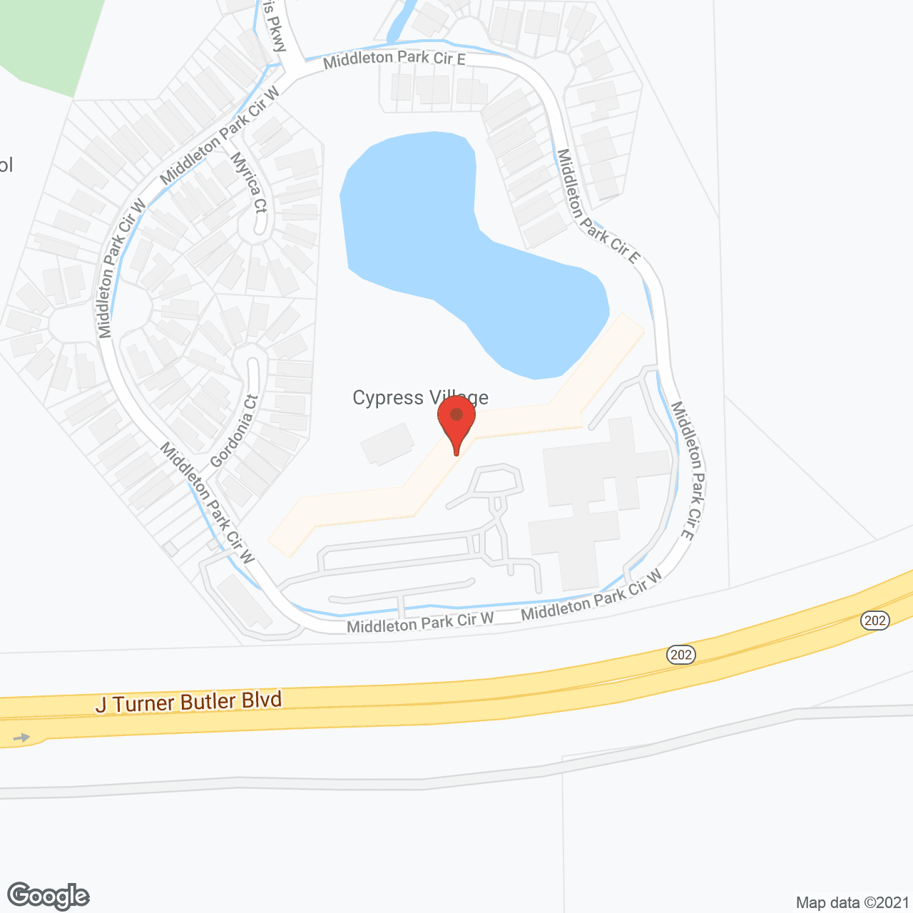 Map of the neighborhood around Cypress Village, a CCRC