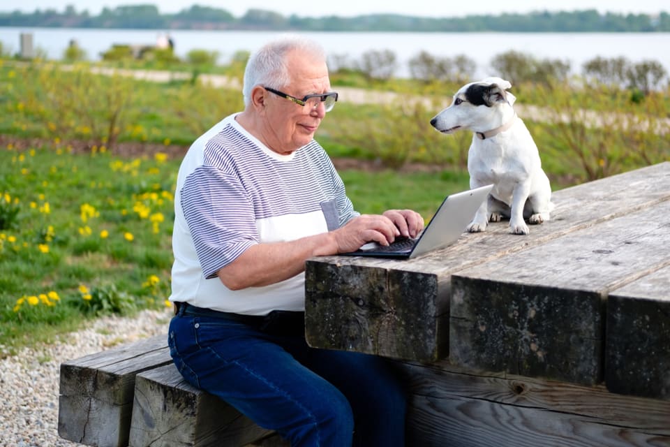 Man sitting at picnic table typing on a laptop with a small dog sitting beside him.